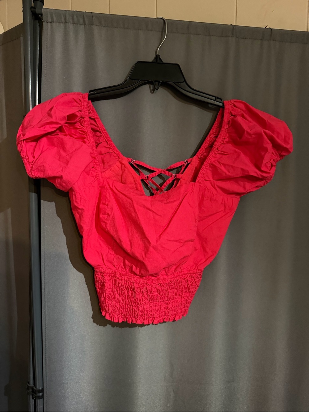 Sim & Sam Red Puff Sleeve Crop Top with Smocked Waist